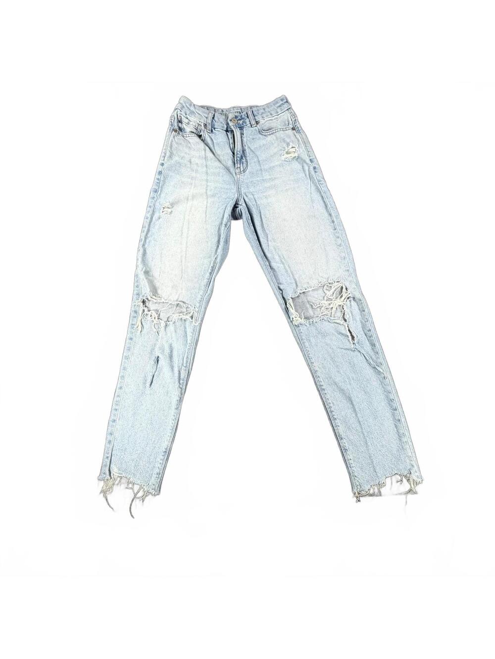 Women's American Eagle Curvy Mom Jeans Light Wash Distressed Denim Size 4 R